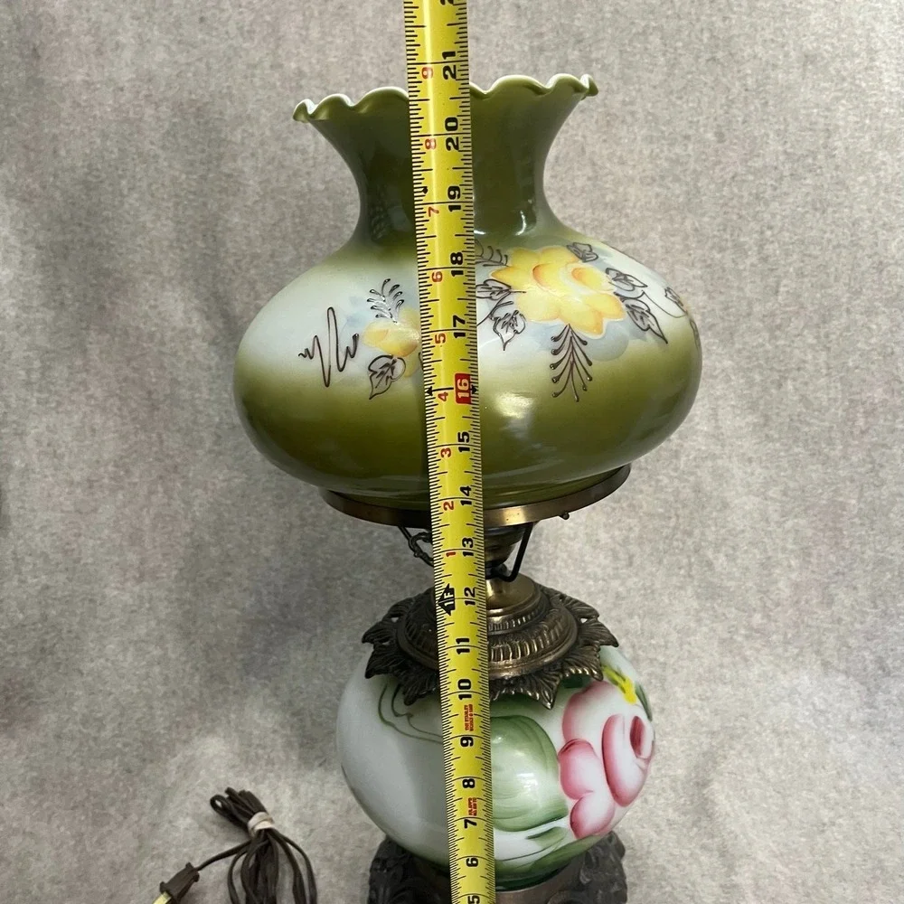 Vintage Green‎ Floral Hurricane Lamp 3-Way Turn Key 21inches